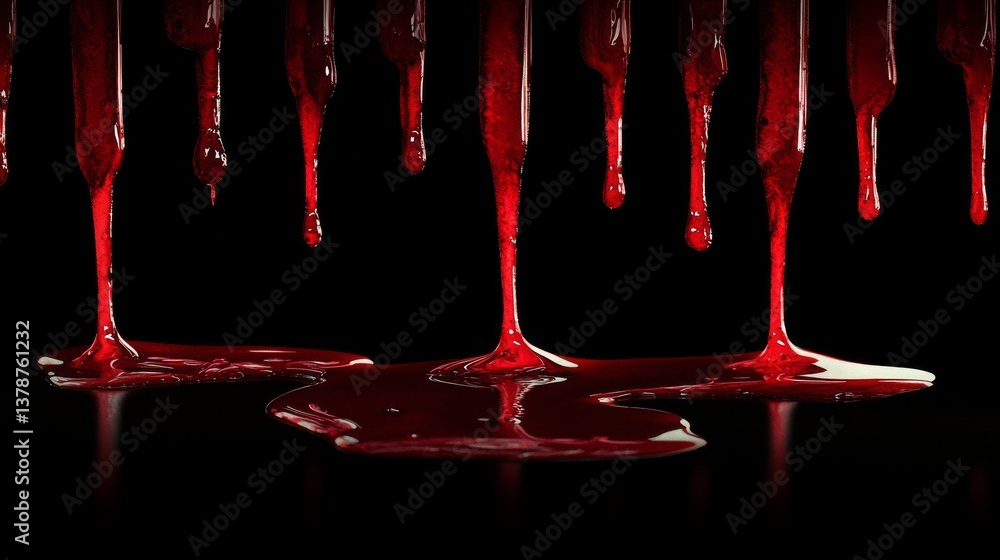 Poster an artistic composition of dripping red sauce creating a visually striking contrast against a dark b
