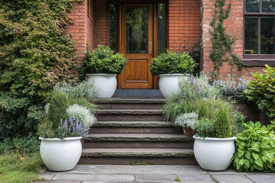 Bright white planters filled with various plants add a refreshing touch to the front steps of a classic brick home, framed by vibrant greenery