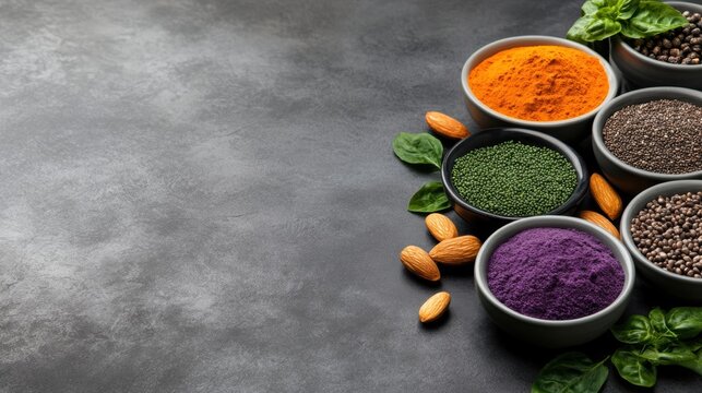 ayurvedic diet, assorted foods to balance doshas presented in bowls on a contemporary kitchen table, with clean space for text and natural elements