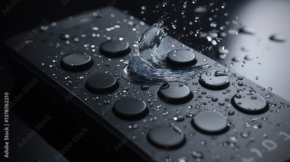 Aufkleber close-up of a black device with water droplets, showcasing its modern design and functionality in a 
