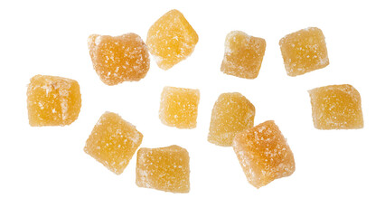 Candied ginger pieces with sugar flying falling isolated on white background.