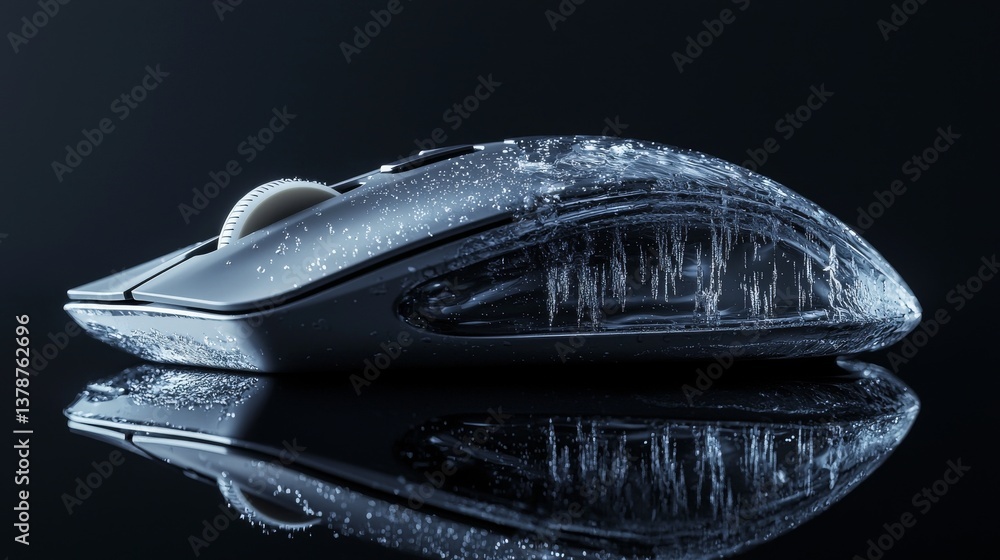 Poster close-up of a modern computer mouse reflecting on a smooth surface, showcasing its sleek design and 