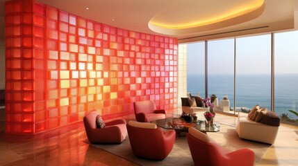 Red glass wall, ocean view living room
