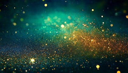abstract magic galaxy background golden glitter particles on a dark green background with blue hues tints of golden and blue green dust particles magical stains with depth of field