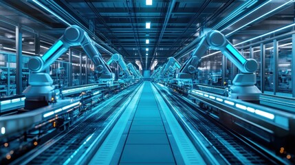 Advanced automated assembly line with robotic arms in a futuristic factory setting