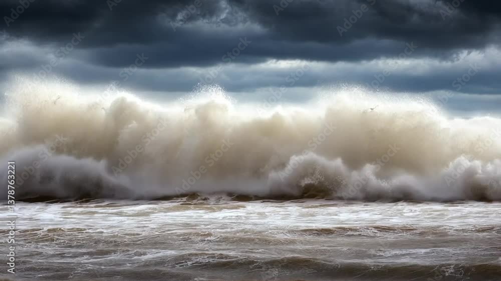 Poster dynamic ocean waves crashing against the shore during overcast skies generative ai