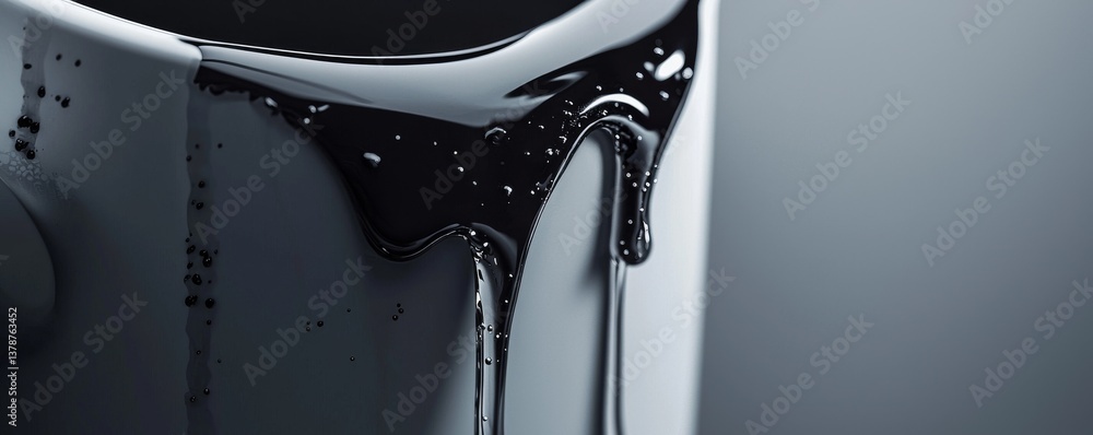 Poster close-up of black liquid oozing from a metallic container, showcasing texture and smooth surface in 