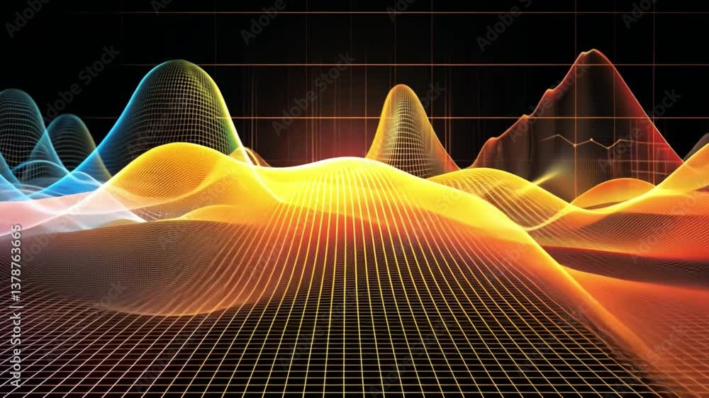 Poster vibrant digital landscape colorful waveforms and dynamic data visualization showcasing technology, i