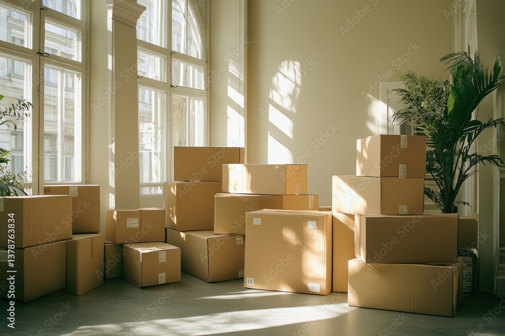 Poster sunlight illuminates a spacious room filled with stacked moving boxes next to tall windows and a gre