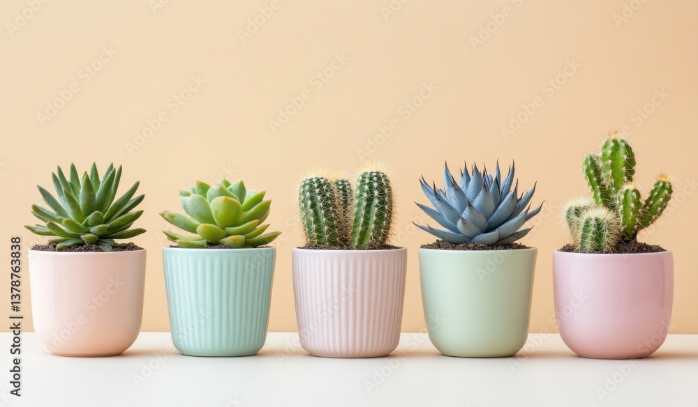 Poster various cacti in pastel-colored pots create a charming display, enhancing the aesthetic of the setti