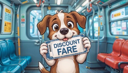 Cute dog holding discount fare sign in a subway train  