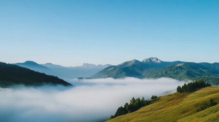 Mountains and Mist: A breathtaking panoramic vista showcasing rolling hills and majestic mountains, with a sea of ethereal mist filling the valley. The scene evokes a sense of serenity and wonder.