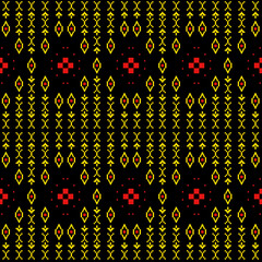 Pixel art-inspired ethnic pattern featuring vibrant yellow geometric forms and bold red accents on a deep black background. 