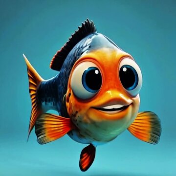 Funny cartoon fish character with vibrant orange blue colors expressive wide eyes smiling teeth playful aquatic creature animation style humorous charming design. Talking or speaking gold fish on blue