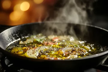 Vegetables simmer in oil and spices in a hot skillet, releasing rich steam and aroma.