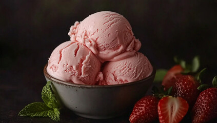 Delicious Strawberry Ice Cream Scoops in Bowl with Fresh Strawberries