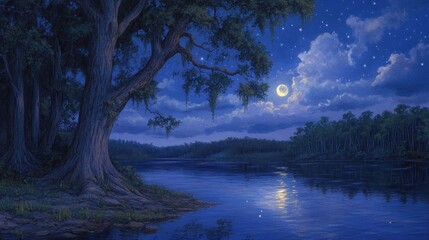 Moonlit River, Oak Tree, Night, Swamp, Calm