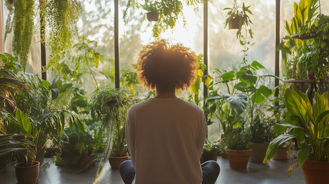 Cognitive behavioural therapy.  CBT.  Stress anxiety. Psychotherapy mindfulness. Client practicing mindfulness in a serene space with CBT techniques.