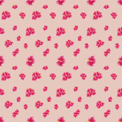 Tropical Hibiscus Dream: Delicate fuchsia flowers with yellow centers scattered gracefully across pale background. Perfect for summer accessories, beachwear, and feminine design projects.