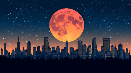 Pixel Art Cityscape with Large Orange Moon and Starry Night Sky Above Dark Urban Silhouette