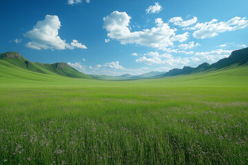 Fototapeta premium Photorealistic Green Grassy Field with Rolling Hills Under Blue Sky and White Clouds – High-Resolution HD Landscape Illustration, Serene Nature Scene