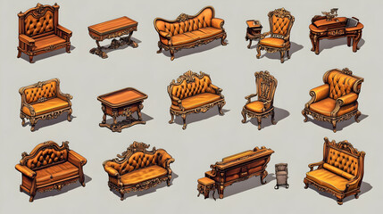 Pixel Art Collection of Vintage Golden Upholstered Furniture Including Chairs Couches and Tables Isolated on a Gray Background