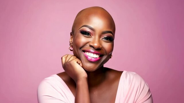 Close-up shot of a smiling woman against a pink background, styled with vibrant makeup. The video captures her joyful expression and elegance.