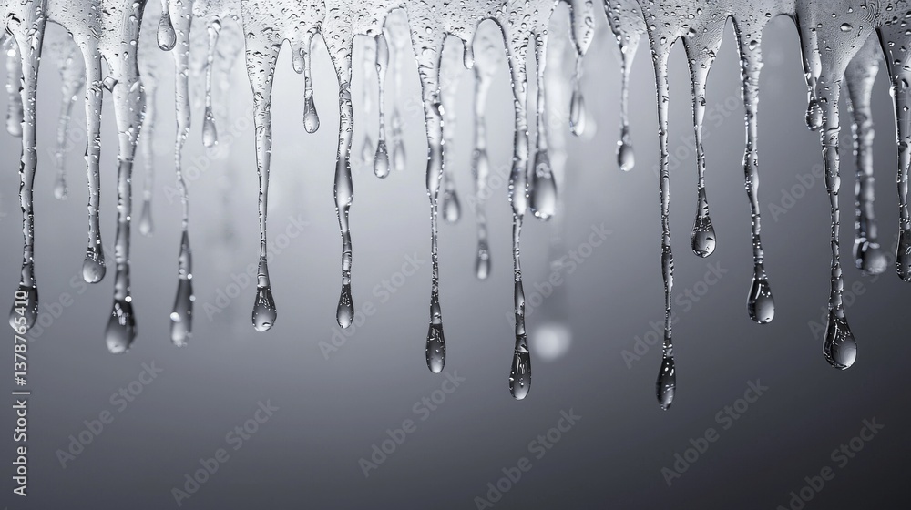 Poster crystal-clear water droplets drip down a sleek surface, creating a serene and refreshing atmosphere 