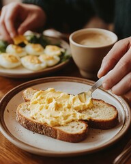 Delicious Breakfast with Buttered Toast and Fresh Eggs on Table