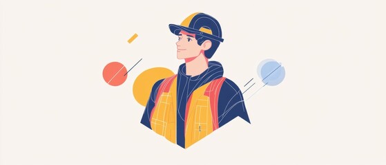 Young adult construction worker wearing hard hat and safety vest looking forward with geometric shapes Concept of engineering, architecture, and building industry