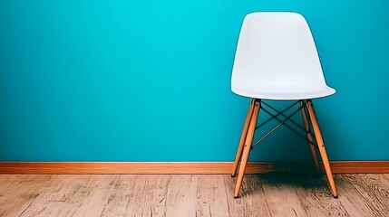 A simple white chair positioned against a bright turquoise wall