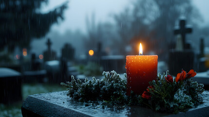 A grave candle flickering in the rain, casting shadows on the gravestone and providing a peaceful light for those paying respects.