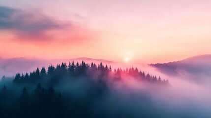 Mountains and Sun: A mesmerizing sunrise casts a warm, dreamy light over the misty mountain landscape, with silhouetted trees adding a touch of mystery and depth. 