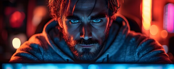 Intense portrait of a modern tech enthusiast in a futuristic setting