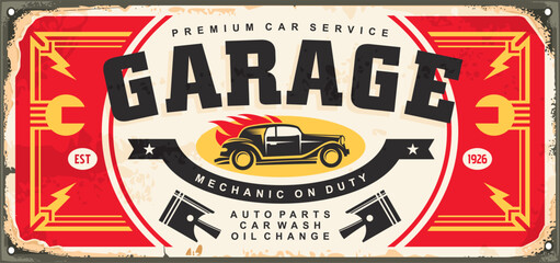 Garage car service and repair old advertising sign with car silhouette. Auto service retro poster design. Transportation vector illustration.