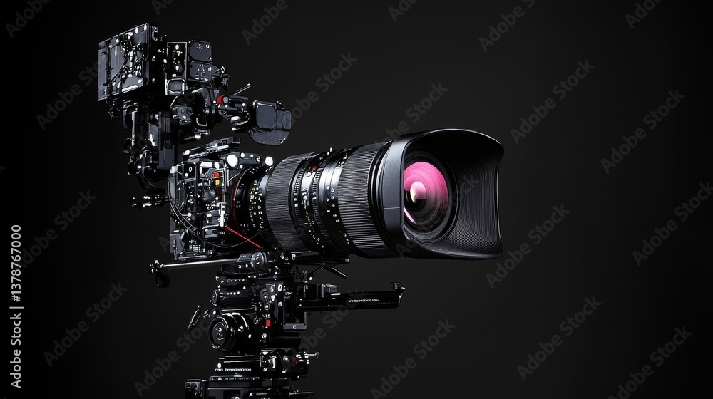 Poster high-end cinema camera with a large lens showcasing advanced filmmaking technology in a sleek design