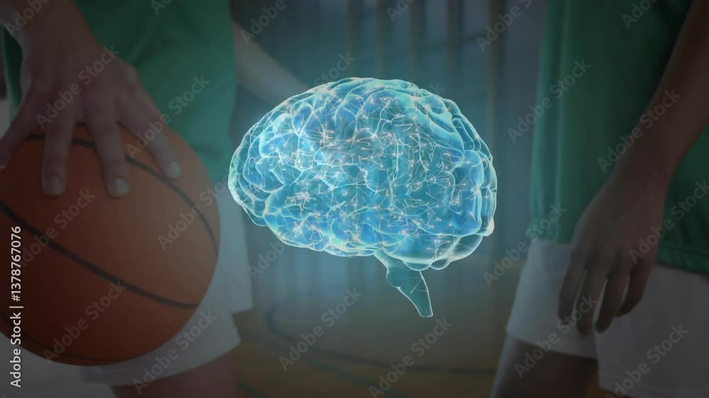 Poster basketball players with glowing brain animation showing cognitive processes during game