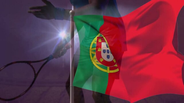 Holding racket, tennis player with Portuguese flag animation in dynamic motion