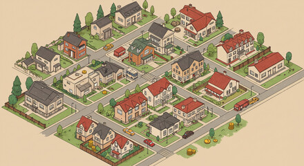 Fototapeta premium A charming neighborhood nestled in a sun-drenched suburban landscape, depicted in a whimsical isometric style with soft pastel colors and meticulous detailing.