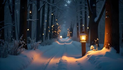 A beautiful winter scene of a snowy forest at night. The trees on either side of the path are covered in a thick layer of snow, and the ground is also blanketed in a layer of white. 