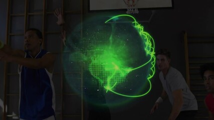 In gym, basketball players practicing with green digital animation overlay - Powered by Adobe