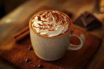 Classic hot chocolate in a ceramic mug, topped with whipped cream and cocoa powder, photorealistic."