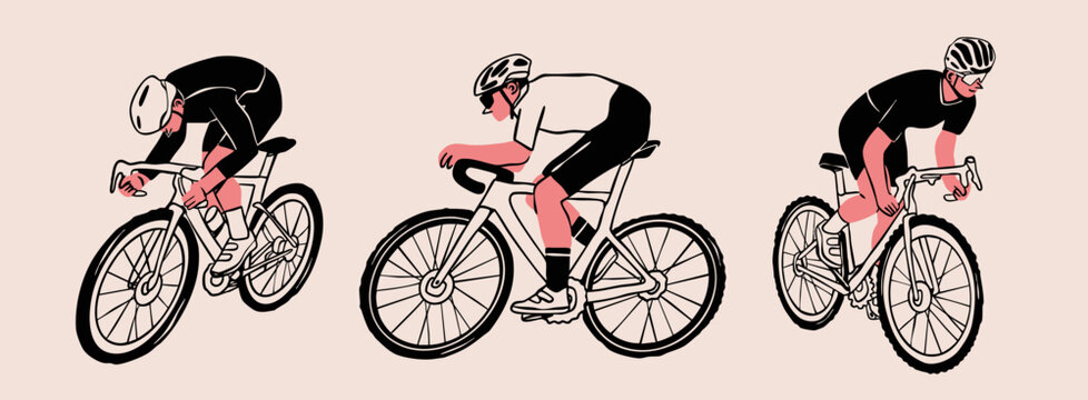 People in helmets, sport suits riding bicycles. Various positions. Cyclists in movement set. Ride, cycling, bicycle, sport concept. Hand drawn modern Vector illustration. Isolated design elements
