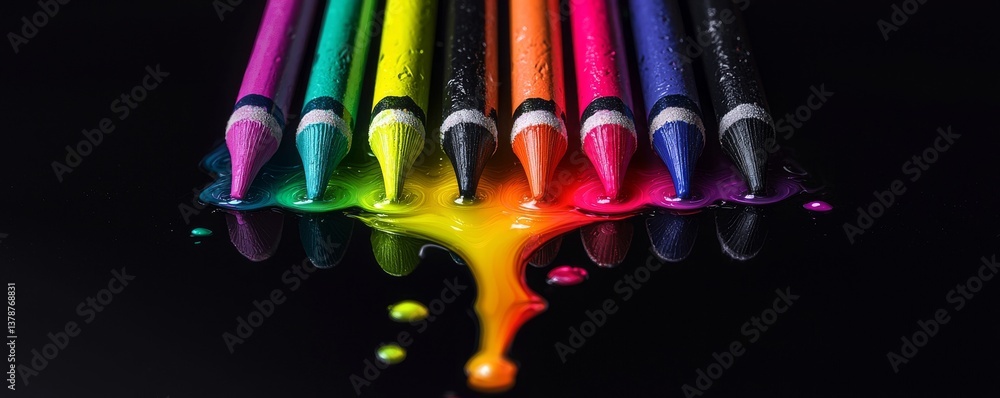 Poster vibrant crayons arranged in a rainbow display, creating a splash of color against a dark background,