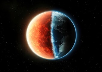 Obraz premium A globe split in two showing contrasting fiery and icy halves