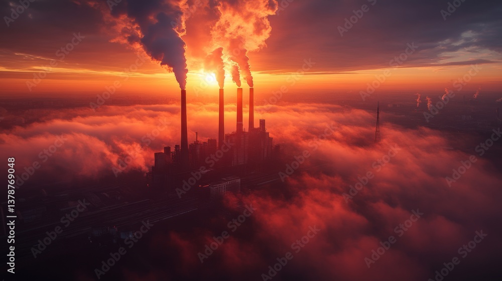 Poster a powerplant is actively generating energy during sunset, with smoke billowing from chimneys and env