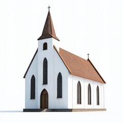 A simple white church features a brown roof and elegant stained glass windows, creating a peaceful atmosphere in its isolated setting