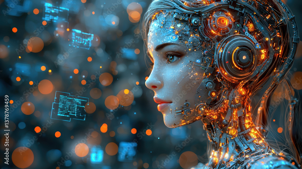 Poster cybernetic humanoid woman assists clients in high-tech call center with advanced ai technology