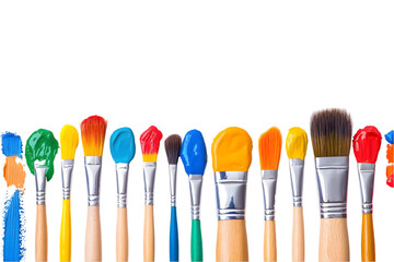 Assorted paint brushes with colorful paint on the bristles against black