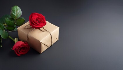 craft gift box with red rose flower on gray black background copy space minimalism style